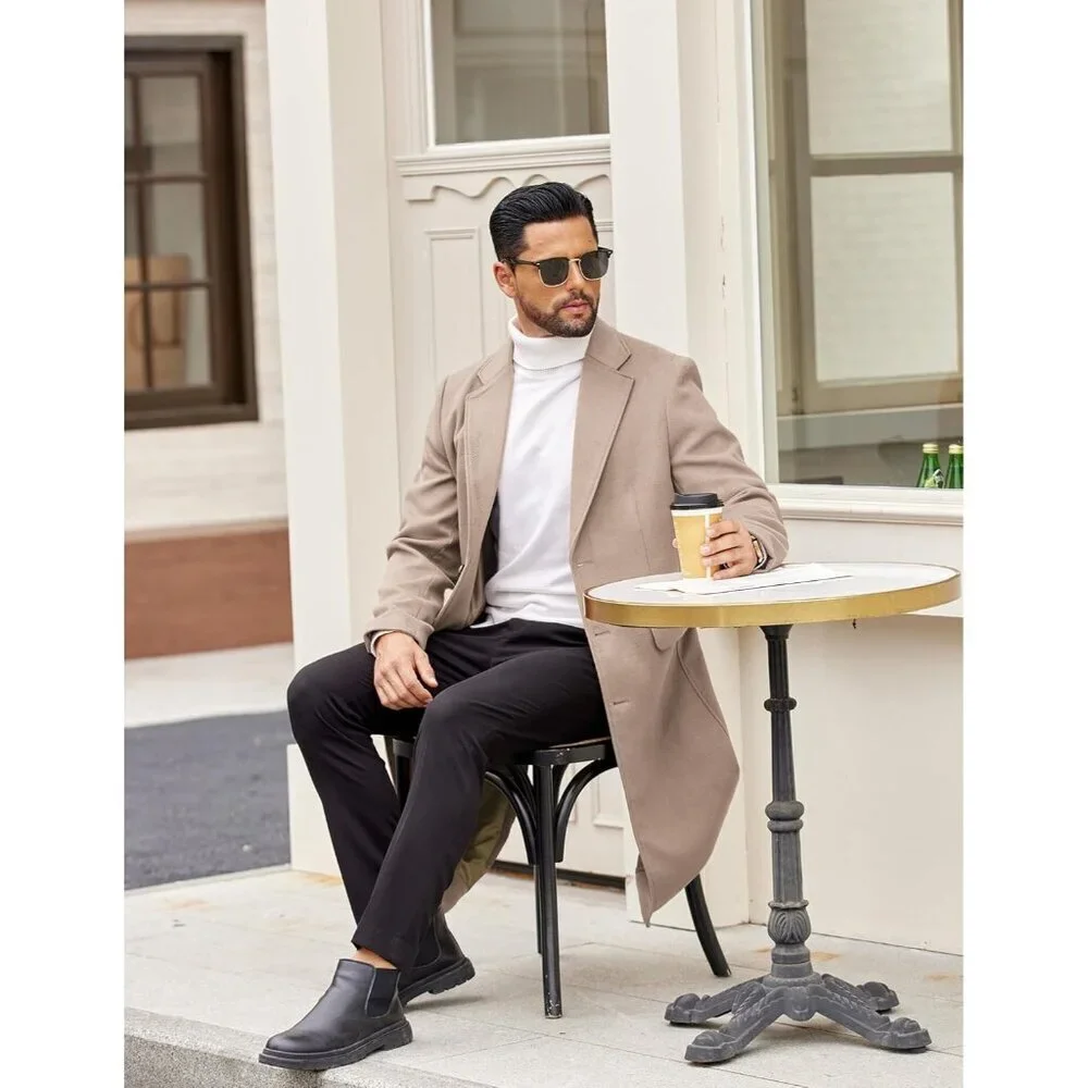 Men's Khaki Trench Coat Long Casual Overcoat Notched Collar Wool Blend Pea coat